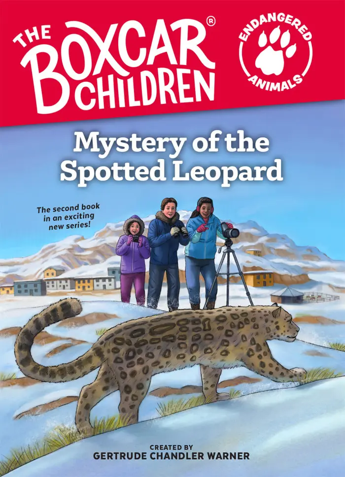 Children observing leopard in snowy landscape