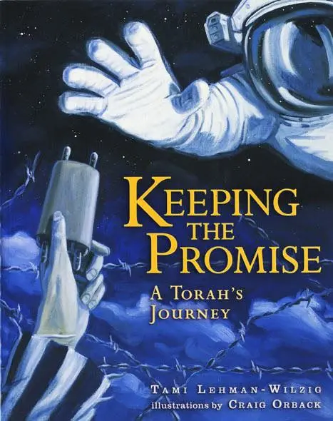 Book cover with astronaut and Torah scroll