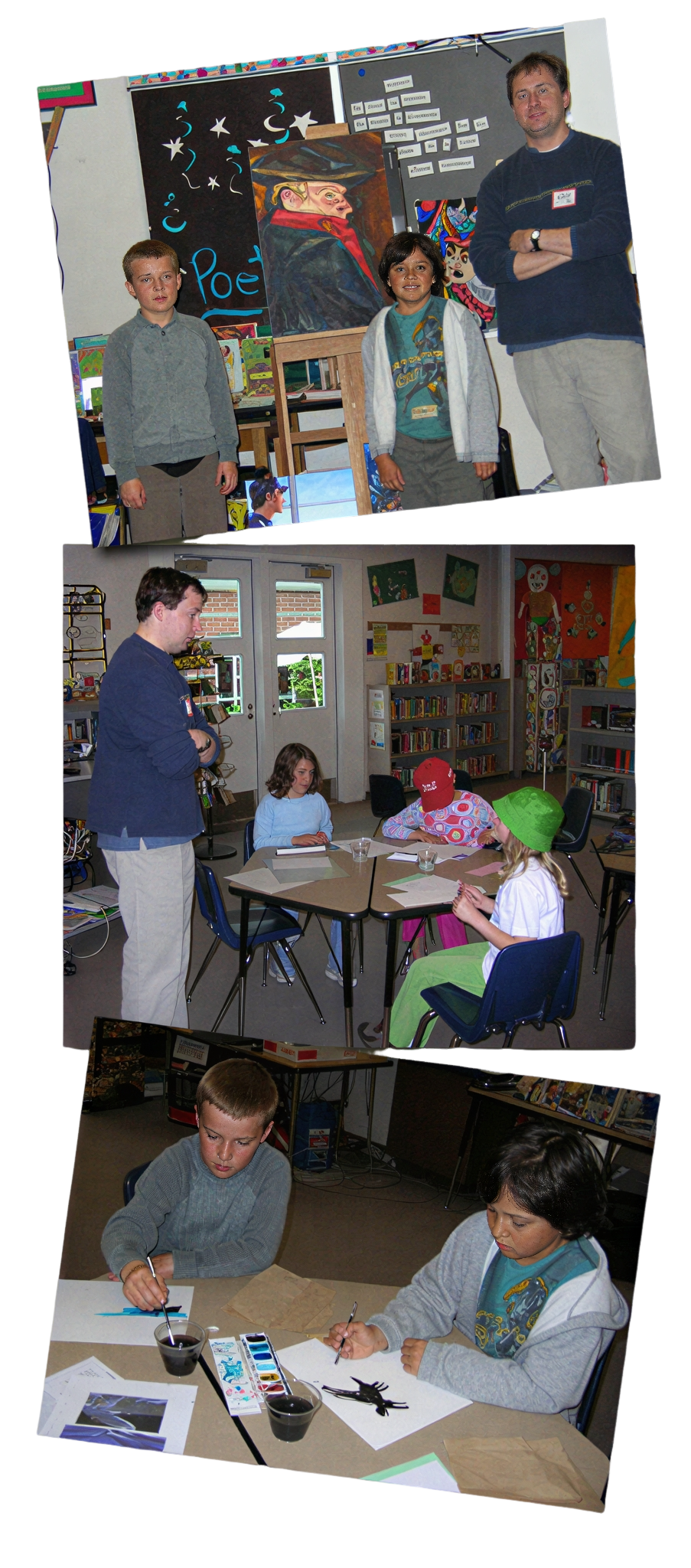 Teacher assisting students during art project