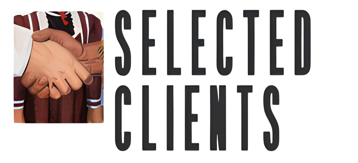 Handshake illustration with "Selected Clients" text