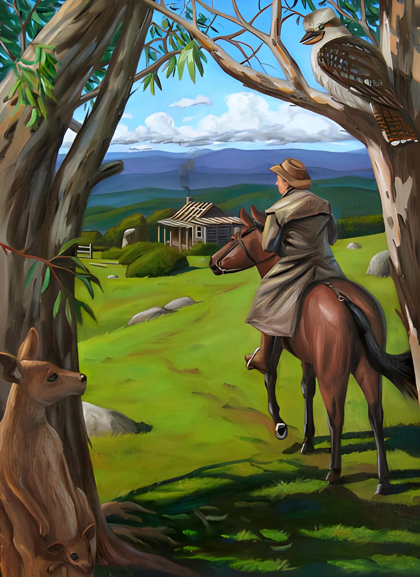 Rider approaching cabin in the countryside